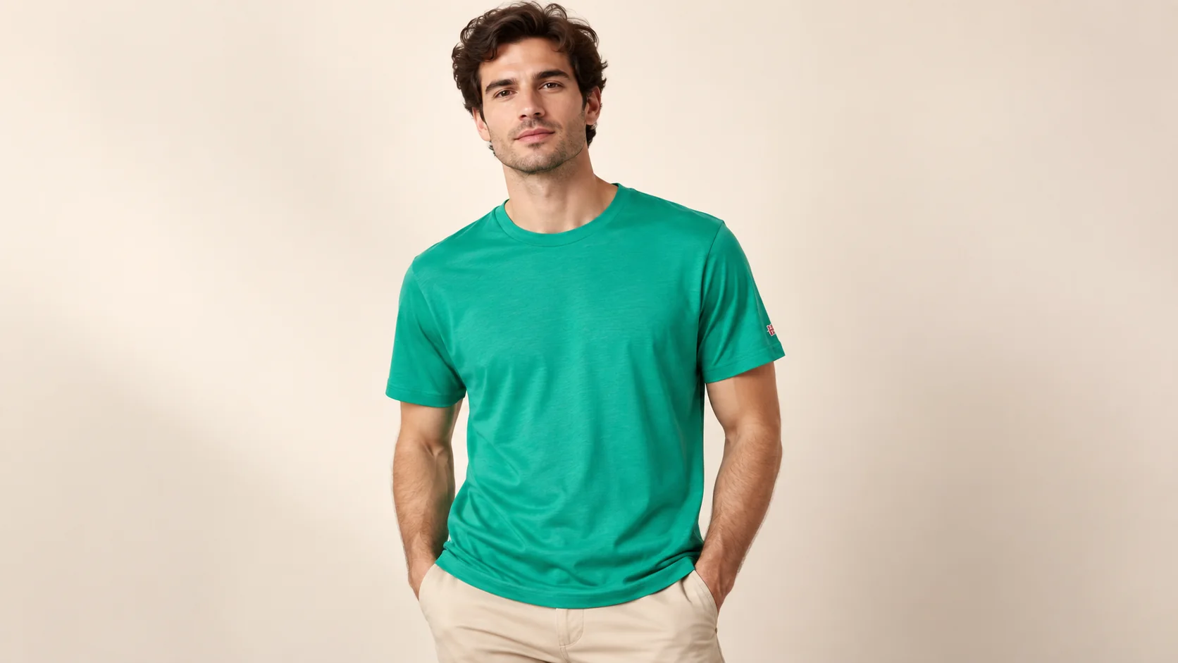 Modelo con remera verde de cuello redondo